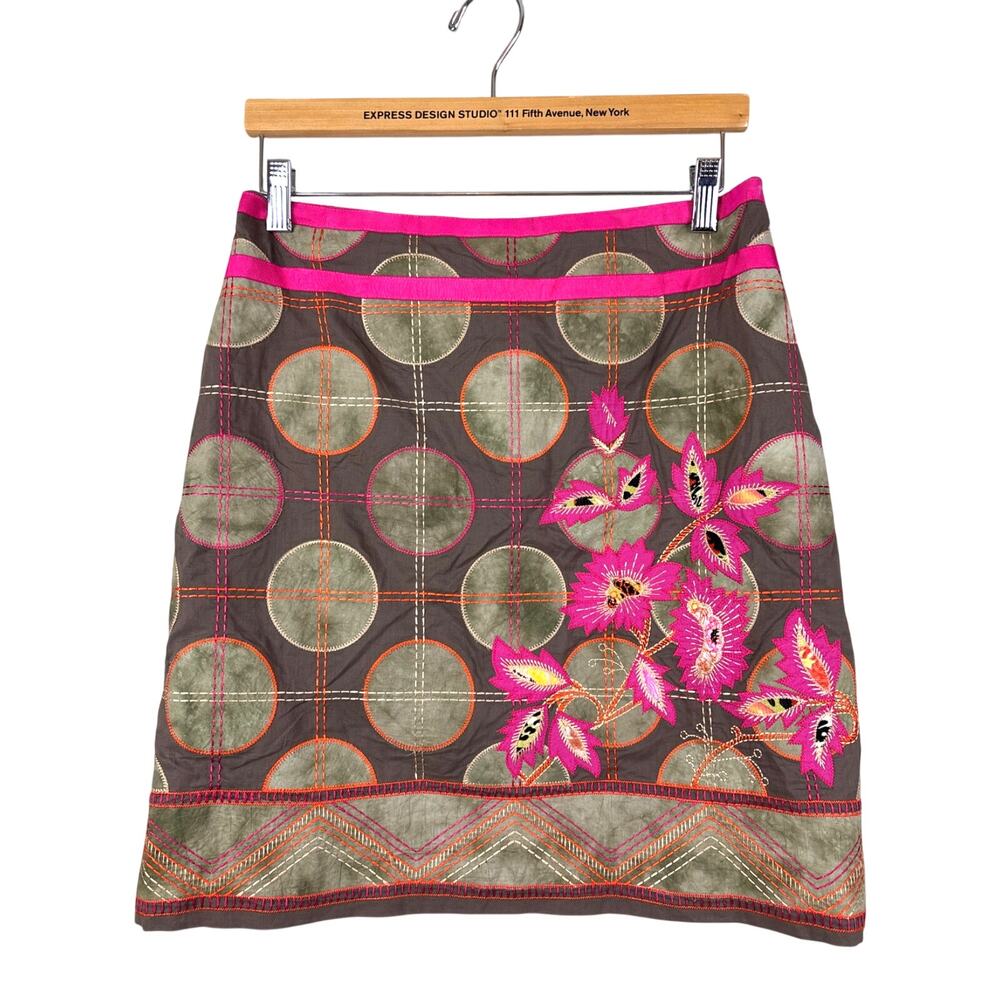 Etcetera Womens 6 Brown Pink Embroidered Boho Mini Skirt Casual Dressy Chic